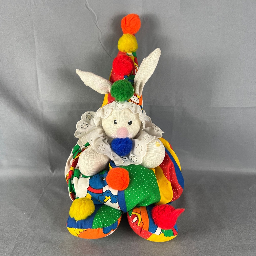VTG Wittle Wabbit Giggles The Clown Bunny Rabbit Plush Multi-Color Pom-Pom 15"